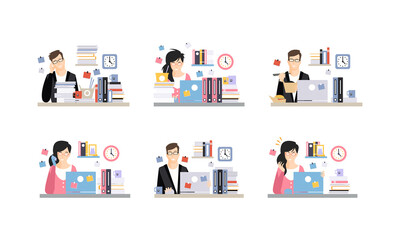 Sticker - Modern Office Workplace with Employees Set, Male and Female Office Workers Daily Routine Cartoon Vector Illustration