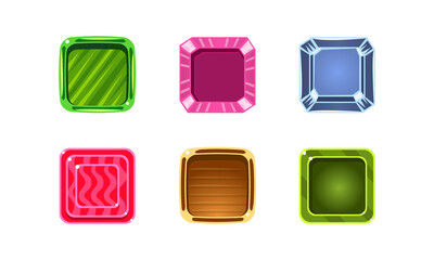 Poster - Set of Glossy Game Buttons, Colorful Square Frames, Gaming Interface Design Element Cartoon Vector Illustration