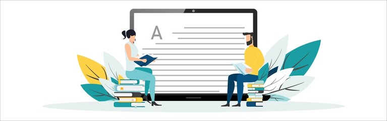 Wall Mural - Online education vector illustration. Concept of online courses. e-learning. digital library. e-book. online exam. examination and testing in university. college. Flat illustration for UI, banner.