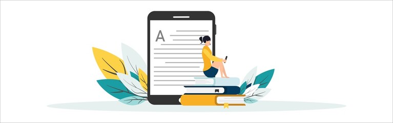 Wall Mural - Online education vector illustration. Concept of online courses. e-learning. digital library. e-book. online exam. examination and testing in university. college. Flat illustration for UI, banner.