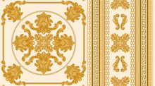 Seamless Border Pattern Print On A Beige Background, Gold Chains And Cables, Greek Meander Frieze, Baroque Scrolls And Pearl Shell. Scarf, Neckerchief, Kerchief, Carpet, Rug, Mat Frieze