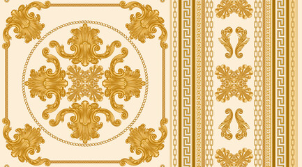 Seamless border pattern print on a beige background, Gold chains and cables, Greek Meander frieze, Baroque scrolls and pearl shell. Scarf, neckerchief, kerchief, carpet, rug, mat frieze