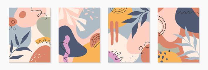 Wall Mural - bundle of mid century modern abstract vector illustrations with organic shapes and leaves.minimalist