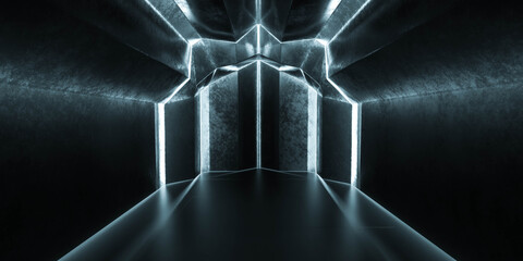 Wall Mural - old grungy stone wall futuristic concrete building interior with blue lighting 3d render illustration