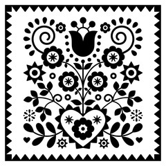 Wall Mural - Floral monochrome folk art vector design in square frame from Nowy Sacz in Poland inspired by traditional highlanders embroidery Lachy Sadeckie
