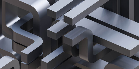 Poster - black metallic curved geometric shape backgorund 3d render illustration