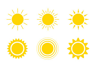 Wall Mural - Yellow sun icon set, sunshine and solar glow. Decorative circle sun and sunlight. Hot solar energy for tan. Vector sign