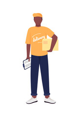 Poster - African american delivery man flat color vector faceless character. Courier in uniform with parcel. Essential worker isolated cartoon illustration for web graphic design and animation