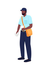Poster - African american postman flat color vector faceless character. Delivery man with envelopes. Postal service. Essential worker isolated cartoon illustration for web graphic design and animation