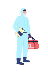 Poster - Male caucasian paramedic flat color vector faceless character. Emergency medical help. First aid. Essential worker isolated cartoon illustration for web graphic design and animation