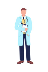 Poster - Caucasian doctor with stethoscope and clipboard flat color vector faceless character. Medical service. Essential worker isolated cartoon illustration for web graphic design and animation