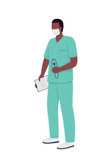 Poster - African american surgeon flat color vector faceless character. Doctor in medical mask. Essential frontline worker isolated cartoon illustration for web graphic design and animation