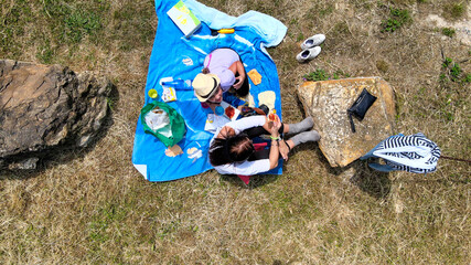 Poster - Picnic outdoor, woman and daughter on the grass, aerial view from drone