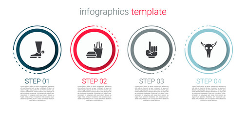 Poster - Set Cowboy boot, Burger and french fries, Number 1 one fan hand glove and Buffalo skull. Business infographic template. Vector