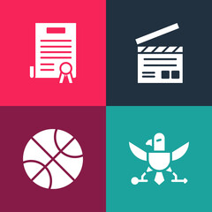 Poster - Set pop art Eagle, Basketball ball, Movie clapper and Declaration of independence icon. Vector