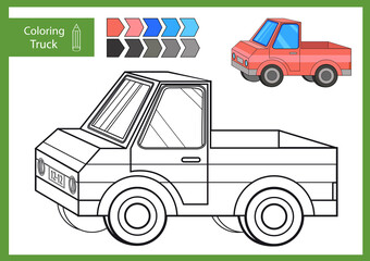 Canvas Print - Coloring page for book. Drawing worksheets with a car truck. Children colouring page. Drawing lesson for kids. Activity art game with vehicle. Vector illustration.