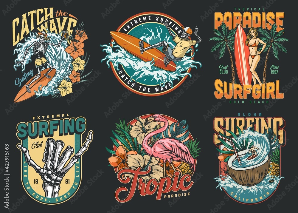 Surfing vintage colorful labels - obrazy, fototapety, plakaty 