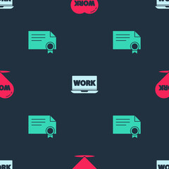 Poster - Set Heart with text work, Laptop and Certificate template on seamless pattern. Vector