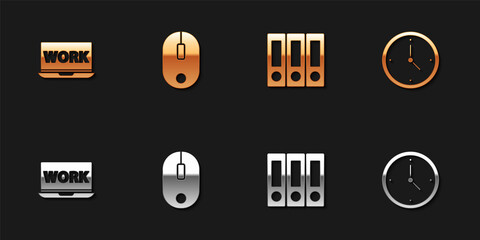 Poster - Set Laptop with text work, Computer mouse, Office folders and Clock icon. Vector