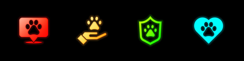 Sticker - Set Location veterinary, Hands with animals footprint, Animal health insurance and Heart icon. Vector