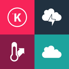 Sticker - Set pop art Cloud, Meteorology thermometer, Storm and Kelvin icon. Vector