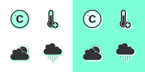 Poster - Set Cloud with rain, Celsius, Sun and cloud weather and Meteorology thermometer icon. Vector