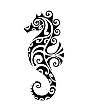 Sea Horse Vector Illustration Maori Style Tattoo.  Stylized Graphic Seahorse. Black On White Background.