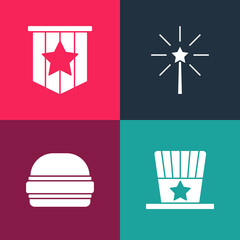 Poster - Set pop art Patriotic American top hat, Burger, Firework and flag icon. Vector