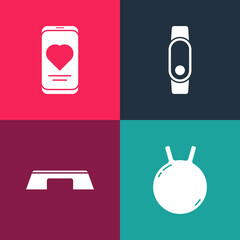 Poster - Set pop art Kettlebell, Step platform, Smartwatch and Mobile with heart rate icon. Vector