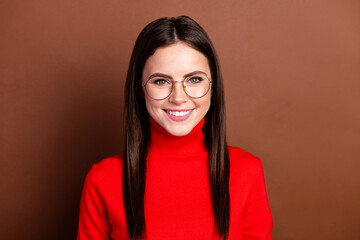 Sticker - Photo of pretty cheerful girl beaming smile look camera wear spectacles isolated on brown color background