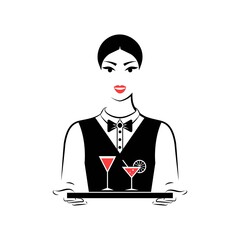 Waitress holding two glasses of wine and cocktail