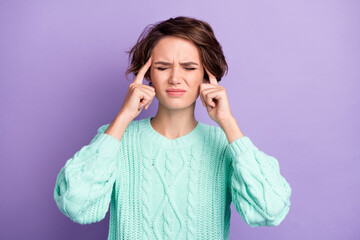 Poster - Portrait of attractive depressed brown-haired girl feeling bad touching temples isolated over violet purple color background