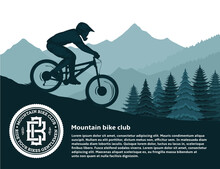 Vector Mountain Biking Illustration With A Cyclist, Mountains And Pines