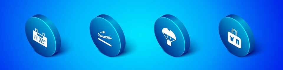 Poster - Set Isometric Airport board, Box flying on parachute, Suitcase and Plane takeoff icon. Vector