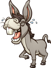 Laughing And Braying Gray Donkey Or Mule With Big Teeth In Perspective. Vector Clip Art Illustration With Simple Gradients. All On A Single Layer.
