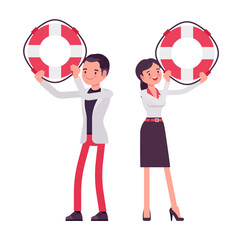 Wall Mural - Smart businessman, businesswoman, business manager with giant lifebuoy. Office worker professional handsome look in casual attire. Vector flat style cartoon illustration isolated, white background