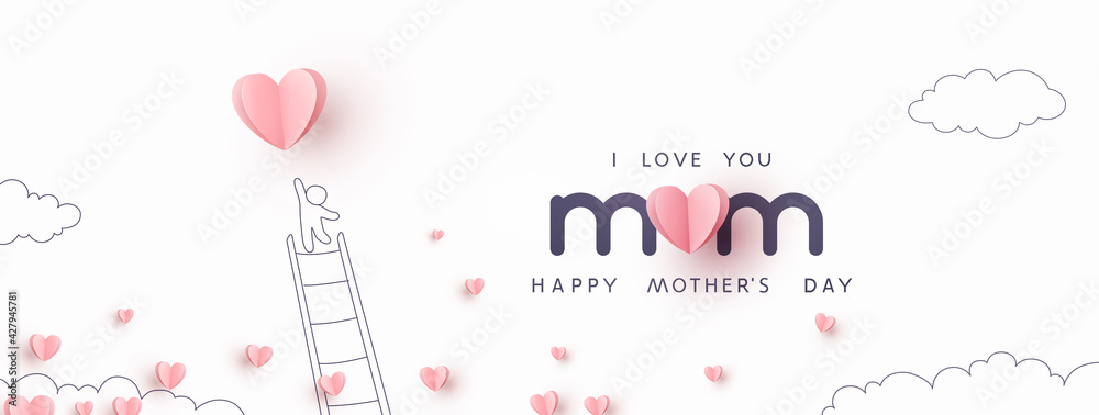 Mother's Day postcard with pink flying elements and man on white sky background. Vector paper symbols of love in shape of heart for greeting card design - obrazy, fototapety, plakaty 