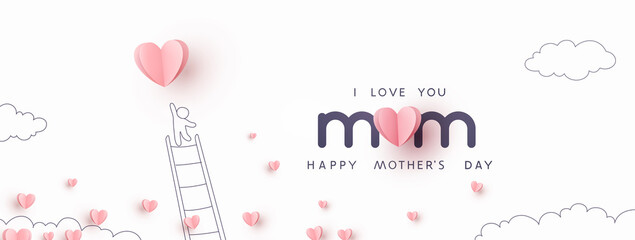 mother's day postcard with pink flying elements and man on white sky background. vector paper symbol