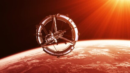 Wall Mural - futuristic space station in the rays of sun. 4k. 3d animation.