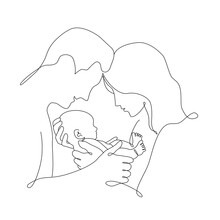 Vector One Line Art Illustration Of Family Portret. Lineart Mother, Father And Holding A New Born Baby