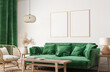 © lilasgh - Home interior with poster frame mockup, green comfortable sofa on white wall with wooden furniture, 3d render