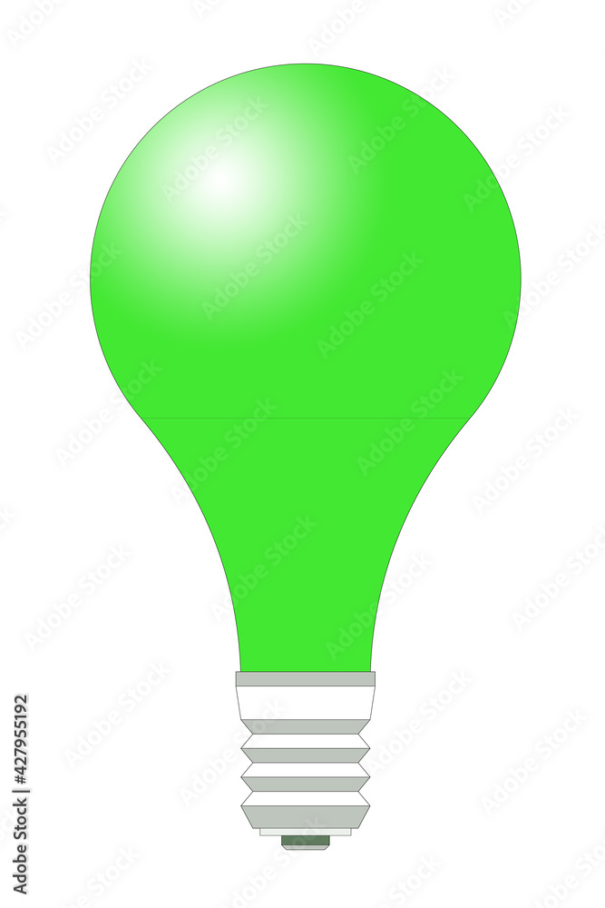 Pojedyncza kolorowa żarówka w kolorze zielonym na białym tle w wersji widoku 2D. - obrazy, fototapety, plakaty 