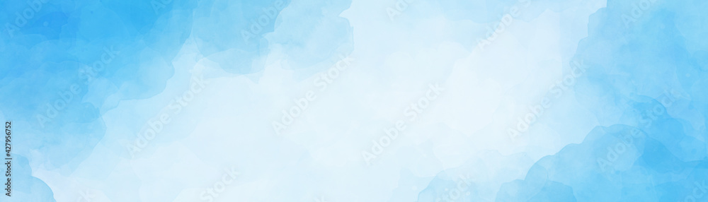 Pastel blue and white watercolor background design with soft texture and abstract cloudy border illustration - obrazy, fototapety, plakaty 