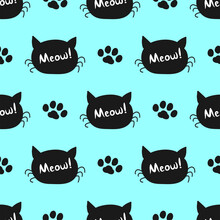 Repeated Paw Prints And Silhouettes Of Cat Heads With Text Meow! Cute Seamless Pattern. Drawn By Hand. Simple Vector Illustration. Black, White, Turquoise.