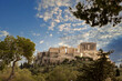 Athens, Greece, Acropolis hill, blue cloudy sky background