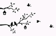 Vector illustration Silhouette of Black Birds Family near a tree branch with House