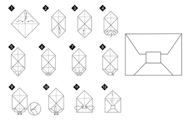 Fototapete - How to make a origami envelope vector illustration. Monochrome black line step by step DIY instruction.