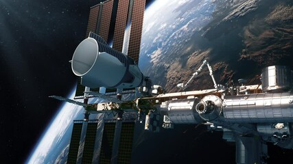 Wall Mural - commercial spacecraft docking to international space station. 4k. ultra high definition. 3d animatio