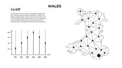 Poster - wales communication network map. vector image of a low poly global map with city lights. map in the 