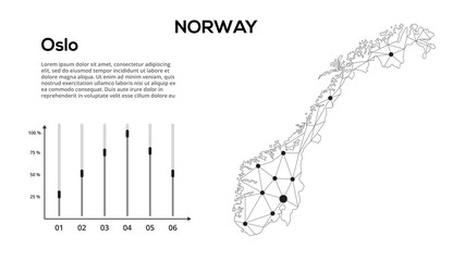 Poster - Norway communication network map. Vector image of a low poly global map with city lights. Map in the form of lines and dots